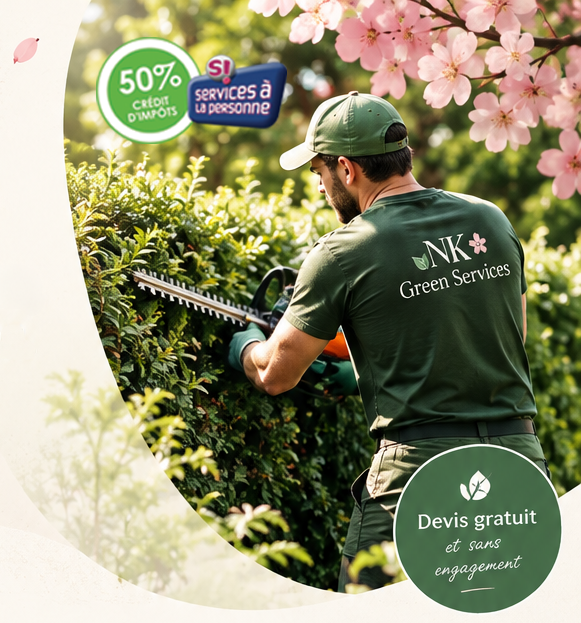 Jardinier NK Green Services taillant une haie, sous les cerisiers en fleurs — crédit d'impôt 50% services à la personne, devis gratuit et sans engagement